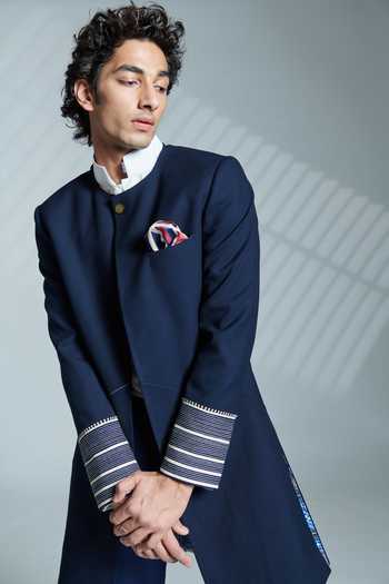 Buy_S&N By Shantnu Nikhil_Blue Lycra, Viscose, Poly Blend, Faux Leather Carved Button Open Sherwani_Online_at_Aza_Fashions