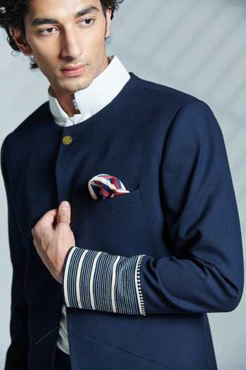 Shop_S&N By Shantnu Nikhil_Blue Lycra, Viscose, Poly Blend, Faux Leather Carved Button Open Sherwani_Online_at_Aza_Fashions