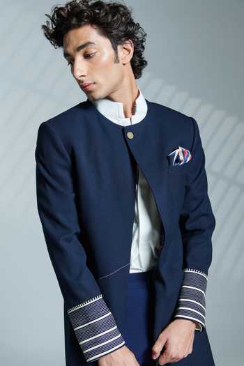 S&N By Shantnu Nikhil_Blue Lycra, Viscose, Poly Blend, Faux Leather Carved Button Open Sherwani_at_Aza_Fashions