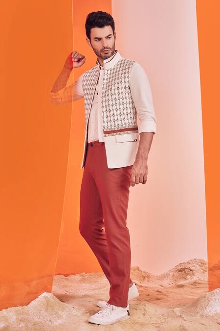 S&N By Shantnu Nikhil_Off White Cotton, Wool, Viscose, Poly Blend Panelled Sleeveless Waistcoat_Online_at_Aza_Fashions