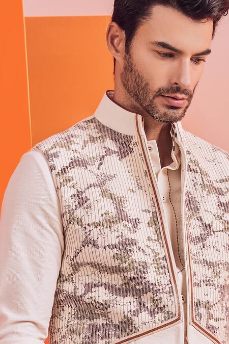 Buy_S&N By Shantnu Nikhil_Off White Cotton, Wool, Viscose, Poly Blend, Faux Embroidered Textured Waistcoat_Online_at_Aza_Fashions