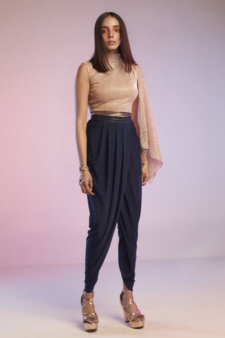 S&N By Shantnu Nikhil_Pink Textured Georgette One Shoulder Metallic Crop Top_Online_at_Aza_Fashions