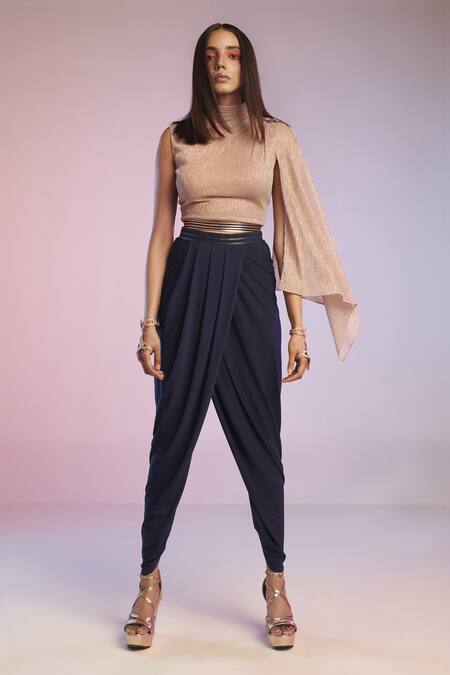 Buy_S&N By Shantnu Nikhil_Pink Textured Georgette One Shoulder Metallic Crop Top_Online_at_Aza_Fashions