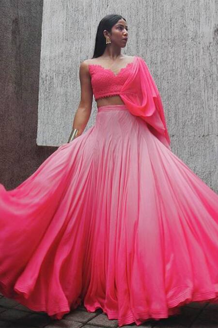Shantnu Nikhil Pink Chiffon Embroidered Lehenga Set