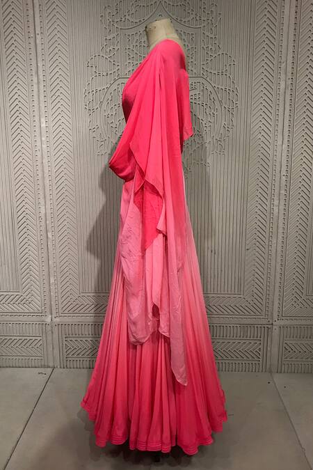 Shop_Shantnu Nikhil_Pink Chiffon Embroidered Lehenga Set_Online_at_Aza_Fashions