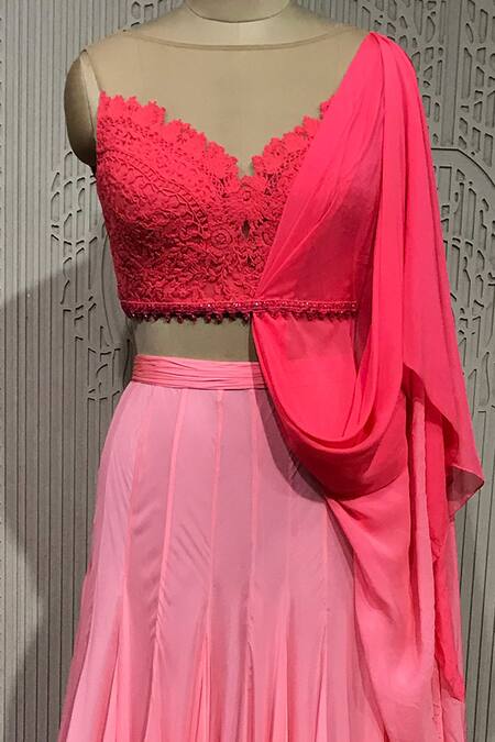 Shantnu Nikhil_Pink Chiffon Embroidered Lehenga Set_at_Aza_Fashions