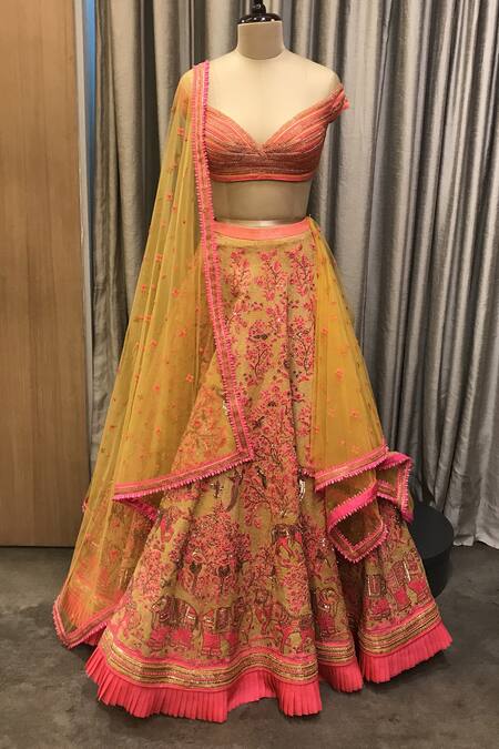 Shop_Shantnu Nikhil_Yellow Organza Embroidered Lehenga Set_at_Aza_Fashions