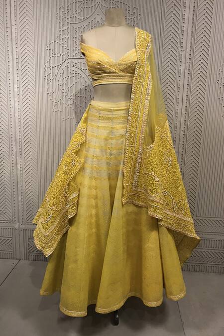 Buy_Shantnu Nikhil_Yellow Organza Embroidered Lehenga Set_Online_at_Aza_Fashions
