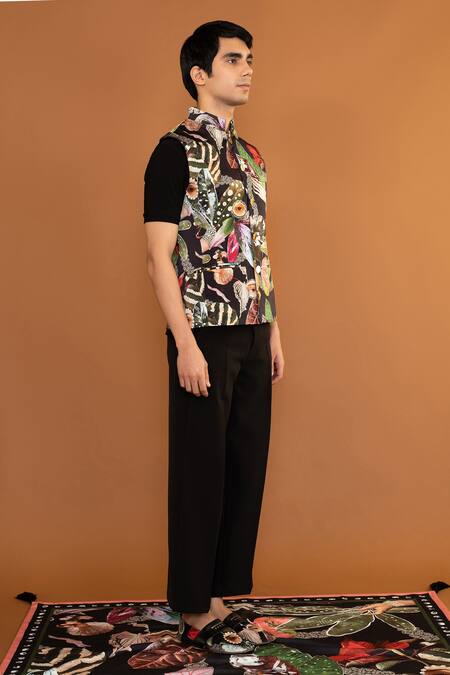 Shivan & Narresh_Black Fused Polyester Satin Printed Botan Eye Bundi _Online_at_Aza_Fashions