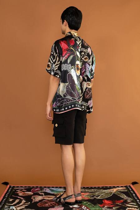 Shop Shivan & Narresh Black 100% Silk Satin Printed Botan Eye Shirt at Aza Fashions Shop_Shivan & Narresh_Black 100% Silk Satin Printed Botan Eye Shirt _at_Aza_Fashions