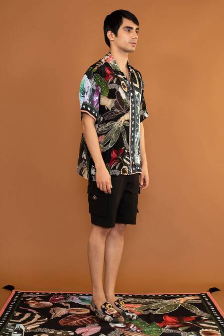 Shivan & Narresh Black 100% Silk Satin Printed Botan Eye Shirt Online at Aza Fashions Shivan & Narresh_Black 100% Silk Satin Printed Botan Eye Shirt _Online_at_Aza_Fashions