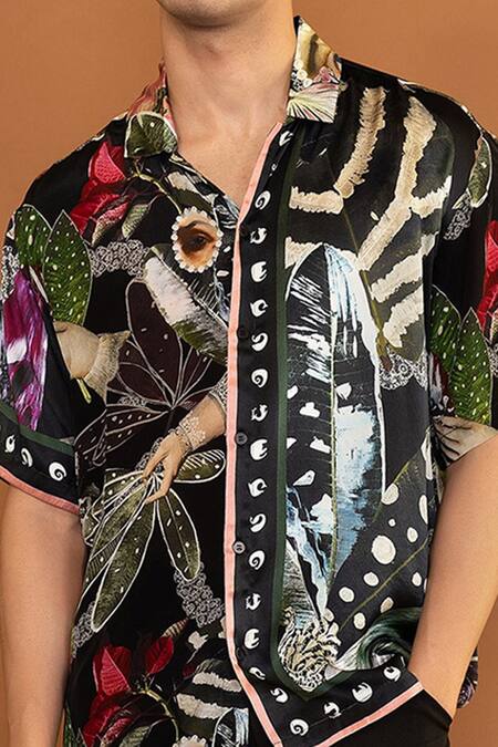 Buy Shivan & Narresh Black 100% Silk Satin Printed Botan Eye Shirt Online at Aza Fashions Buy_Shivan & Narresh_Black 100% Silk Satin Printed Botan Eye Shirt _Online_at_Aza_Fashions