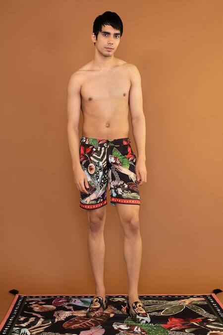 Shivan & Narresh_Black Sheeter 100% Polyester Printed Botan Eye Shorts _Online_at_Aza_Fashions