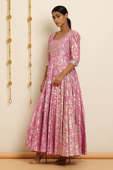 Shop_Seema Nanda_Pink Uphara Silk Round Chanderi Anarkali Set_Online_at_Aza_Fashions