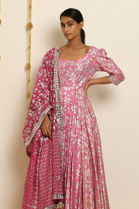 Seema Nanda_Pink Uphara Silk Round Chanderi Anarkali Set_at_Aza_Fashions
