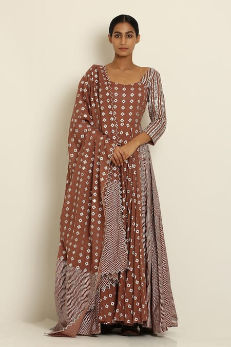 Seema Nanda Brown Cotton Mul V Neck Printed Anarkali With Dupatta