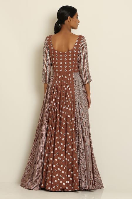 Shop Seema Nanda Brown Cotton Mul V Neck Printed Anarkali With Dupatta at Aza Fashions Shop_Seema Nanda_Brown Cotton Mul V Neck Printed Anarkali With Dupatta _at_Aza_Fashions