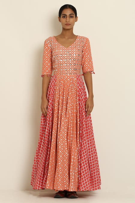 Shop_Seema Nanda_Peach Cotton Mul V Neck Embroidered Anarkali With Dupatta  _Online_at_Aza_Fashions