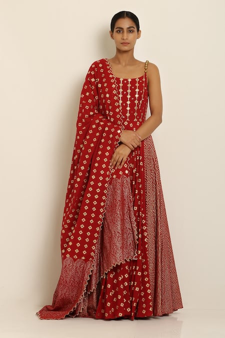 Shop_Seema Nanda_Red Cotton Mul Round Embroidered Anarkali  _at_Aza_Fashions
