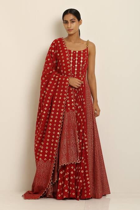 Seema Nanda_Red Cotton Mul Round Embroidered Anarkali  _Online_at_Aza_Fashions