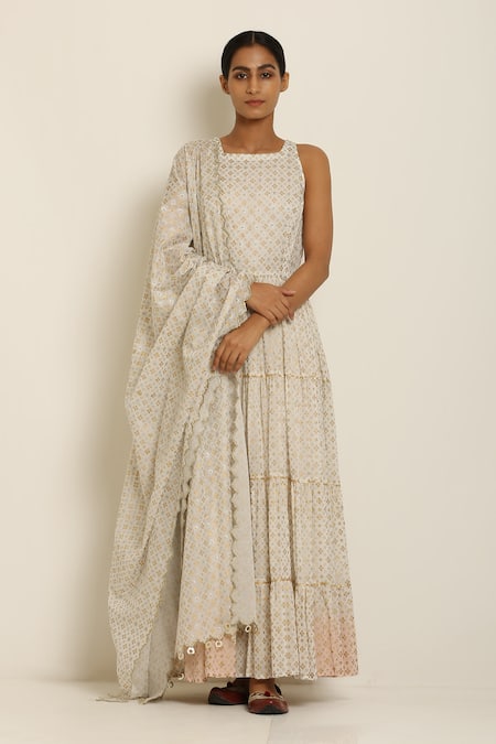 Buy_Seema Nanda_White Cotton Mul Square Neck Printed Anarkali  _Online_at_Aza_Fashions