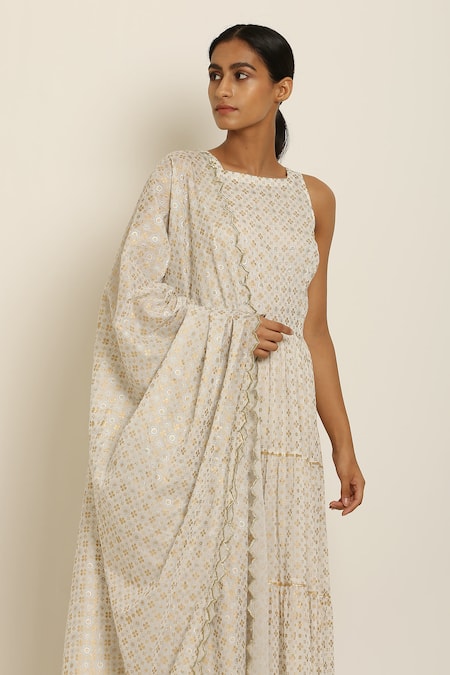 Seema Nanda_White Cotton Mul Square Neck Printed Anarkali  _at_Aza_Fashions