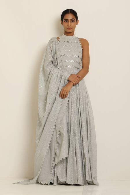 Shop_Seema Nanda_Grey Cotton Mul Halter Printed Anarkali  _Online_at_Aza_Fashions