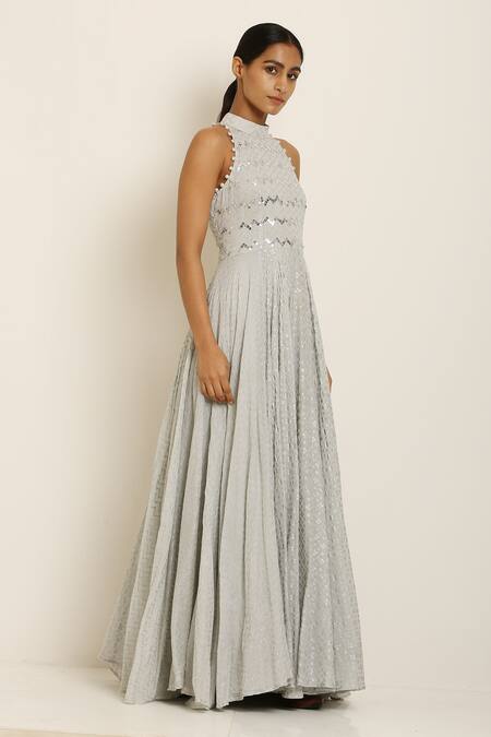 Seema Nanda_Grey Cotton Mul Halter Printed Anarkali  _Online_at_Aza_Fashions