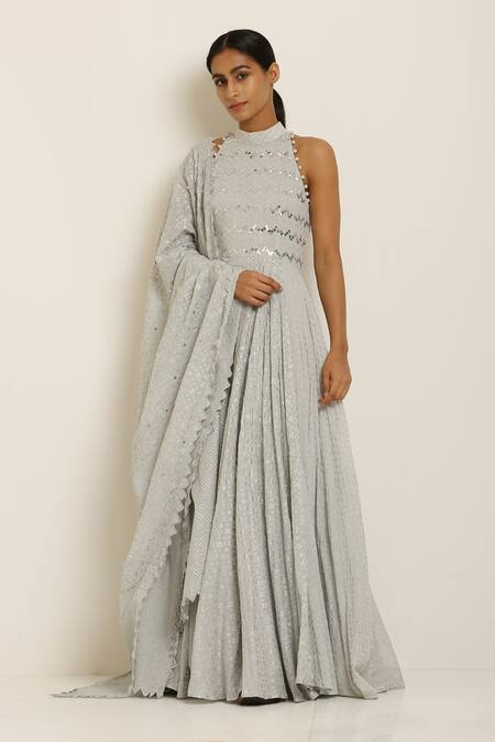 Buy_Seema Nanda_Grey Cotton Mul Halter Printed Anarkali  _Online_at_Aza_Fashions