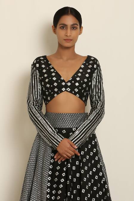 Buy_Seema Nanda_Black Cotton Mul, Uphara Silk V Neck Printed Lehenga Set_Online_at_Aza_Fashions