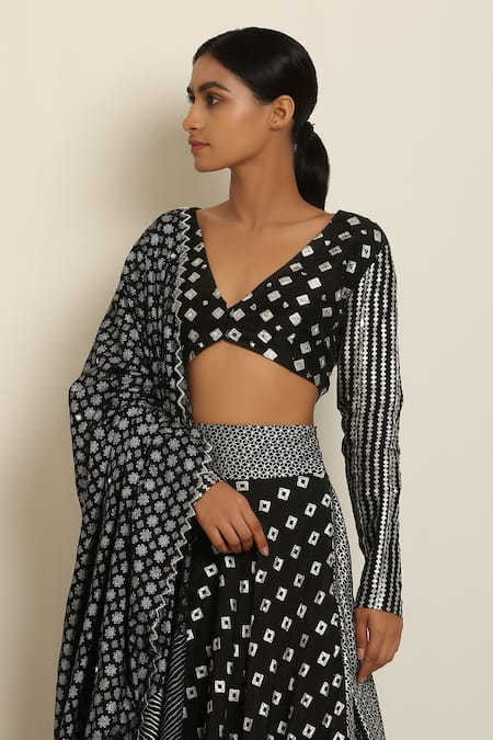 Shop_Seema Nanda_Black Cotton Mul, Uphara Silk V Neck Printed Lehenga Set_Online_at_Aza_Fashions