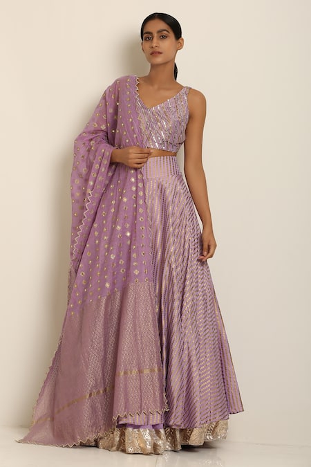 Seema Nanda Purple Chanderi Silk V Neck Printed Lehenga Set 