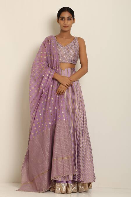 Seema Nanda_Purple Chanderi , Uphara V Neck Printed Lehenga Set _Online_at_Aza_Fashions