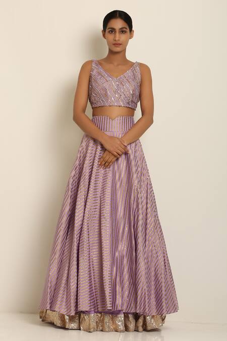 Buy_Seema Nanda_Purple Chanderi , Uphara V Neck Printed Lehenga Set _Online_at_Aza_Fashions