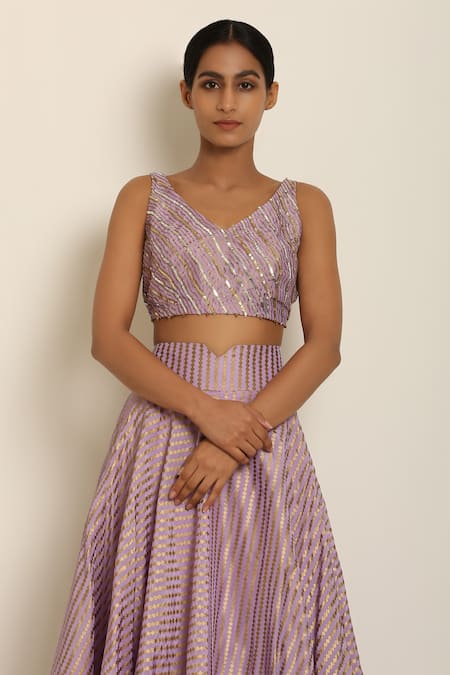 Shop_Seema Nanda_Purple Chanderi , Uphara V Neck Printed Lehenga Set _Online_at_Aza_Fashions