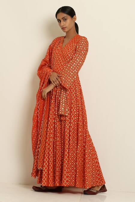 Seema Nanda Orange Cotton Mul V Neck Printed Angrakha  