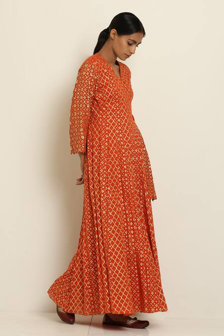 Seema Nanda_Orange Cotton Mul V Neck Printed Angrakha_Online_at_Aza_Fashions