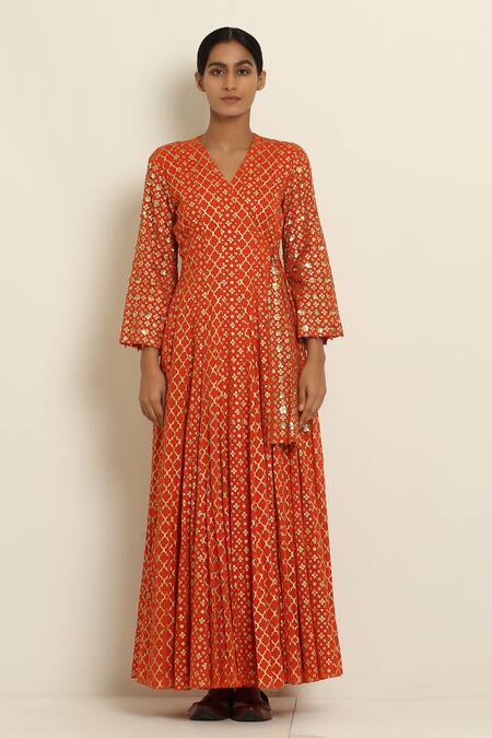 Buy Seema Nanda Orange Cotton Mul V Neck Printed Angrakha Online at Aza Fashions Buy_Seema Nanda_Orange Cotton Mul V Neck Printed Angrakha_Online_at_Aza_Fashions