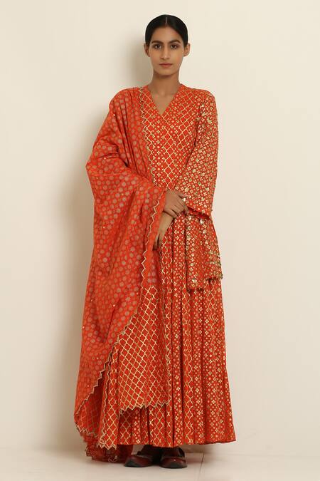 Shop_Seema Nanda_Orange Cotton Mul V Neck Printed Angrakha_Online_at_Aza_Fashions