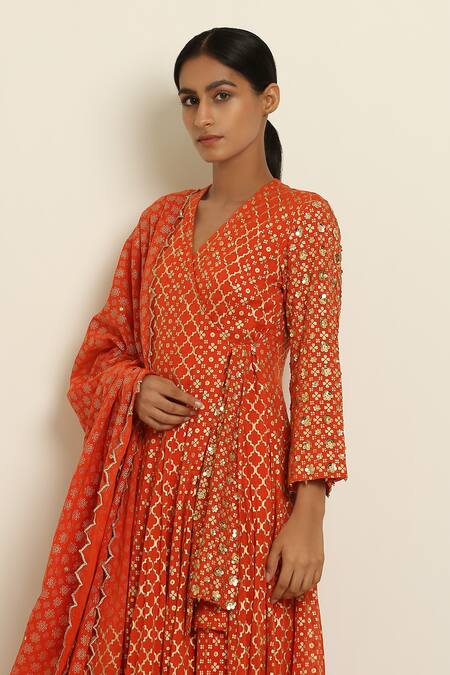 Seema Nanda_Orange Cotton Mul V Neck Printed Angrakha_at_Aza_Fashions