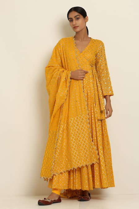 Buy_Seema Nanda_Yellow Cotton Mul V Neck Printed Angrakha  _Online_at_Aza_Fashions