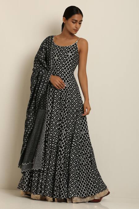 Seema Nanda_Black Cotton Mul Round Printed Anarkali _Online_at_Aza_Fashions