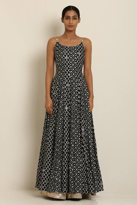 Shop_Seema Nanda_Black Cotton Mul Round Printed Anarkali _Online_at_Aza_Fashions