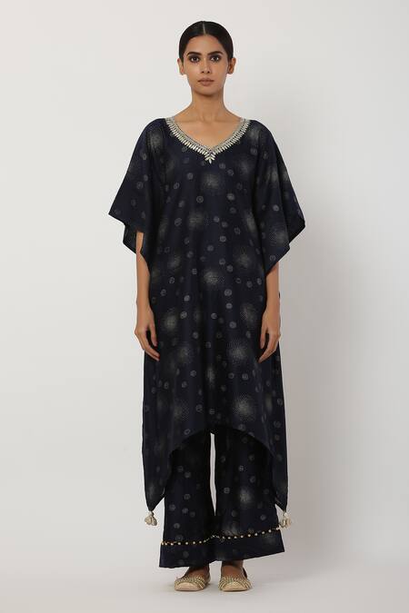 Buy_Seema Nanda_Black Chanderi Silk, Lining Cotton Mul Gota Pati Embroidered Kaftan And Pant Set_Online_at_Aza_Fashions