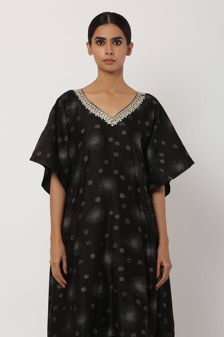 Shop_Seema Nanda_Black Chanderi Silk, Lining Cotton Mul Gota Pati Embroidered Kaftan And Pant Set_Online_at_Aza_Fashions