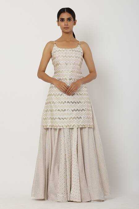 Seema Nanda White Chanderi Silk, , Lining U Neck Kurta Lehenga Set Online at Aza Fashions Seema Nanda_White Chanderi Silk, , Lining U Neck Kurta Lehenga Set_Online_at_Aza_Fashions