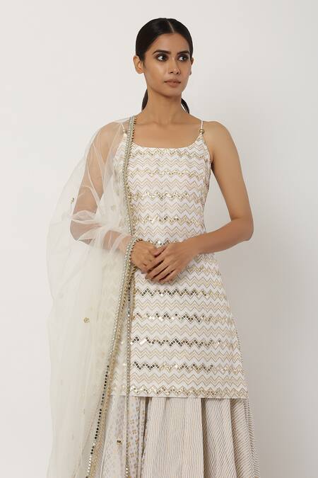 Shop Seema Nanda White Chanderi Silk, , Lining U Neck Kurta Lehenga Set Online at Aza Fashions Shop_Seema Nanda_White Chanderi Silk, , Lining U Neck Kurta Lehenga Set_Online_at_Aza_Fashions