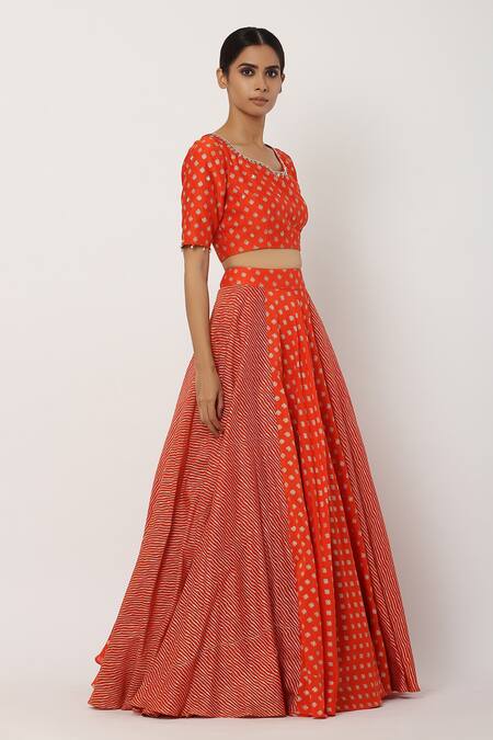 Seema Nanda Red Chanderi Silk, Lining Cotton Mul Floral And Striped Motifs Round Lehnga Set Online at Aza Fashions Seema Nanda_Red Chanderi Silk, Lining Cotton Mul Floral And Striped Motifs Round Lehnga Set _Online_at_Aza_Fashions