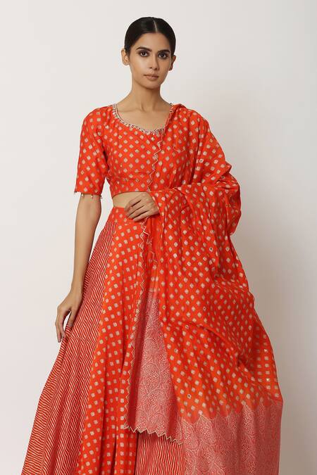 Shop Seema Nanda Red Chanderi Silk, Lining Cotton Mul Floral And Striped Motifs Round Lehnga Set Online at Aza Fashions Shop_Seema Nanda_Red Chanderi Silk, Lining Cotton Mul Floral And Striped Motifs Round Lehnga Set _Online_at_Aza_Fashions