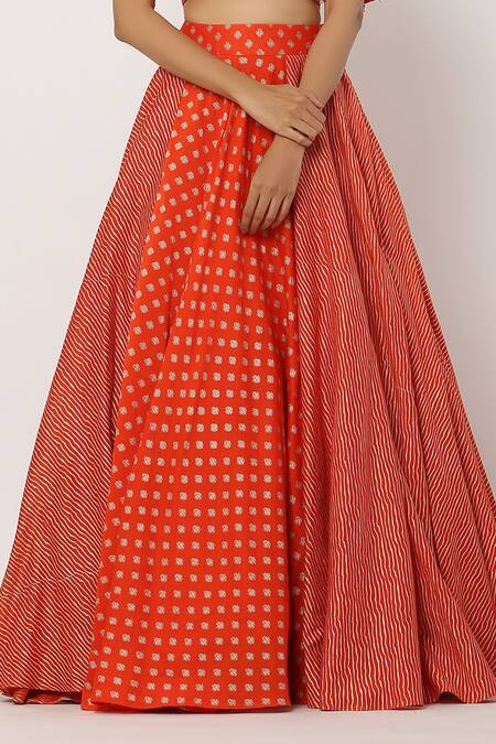 Seema Nanda Red Chanderi Silk, Lining Cotton Mul Floral And Striped Motifs Round Lehnga Set at Aza Fashions Seema Nanda_Red Chanderi Silk, Lining Cotton Mul Floral And Striped Motifs Round Lehnga Set _at_Aza_Fashions